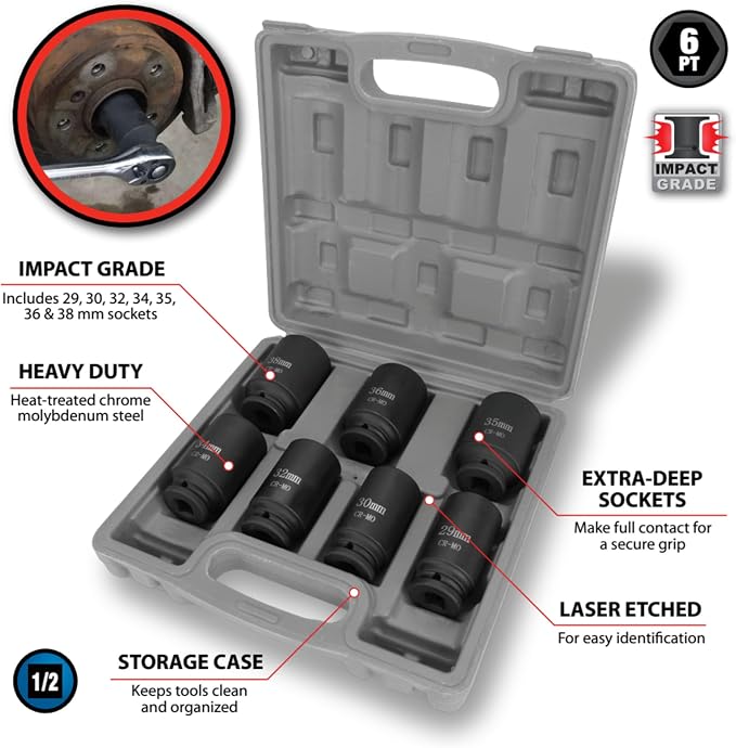 Performance Tool W89323 Axle Nut Socket Set, 1/2" Drive (7 Pieces) - Chrome Molybdenum Steel, Extra-Deep Sockets, Fits Various Domestic and Import Vehicles, Storage Case Included