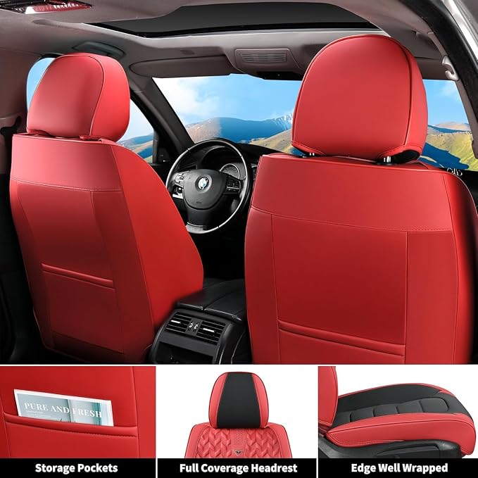 FLORICH Car Seat Covers Full Set, Leather Seat Cover, Front and Rear Seat Covers 5 Seats, Waterproof Car Seat Cushion Protector Accessories for Sedan SUV Pick-up Truck (Red&Black, Full Set)
