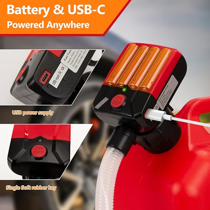 Automatic Portable Fuel Transfer Pump with Auto-Stop, 3.8 Gallon per minute, Extra Long Hose, Battery Powered and USB Type-c, 4 Can Adapters, Leak protection, Gas Can Pump for Oil, Diesel and Gasoline