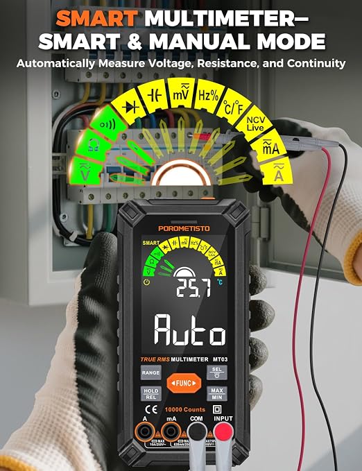 Smart Digital Multimeter Auto-Ranging,10000 Counts True-RMS | POROMETISTO Rechargeable Voltmeter Multimeter with NCV & Capacitance Check,Dual Fuse Electric Tester for HVAC & Automotive