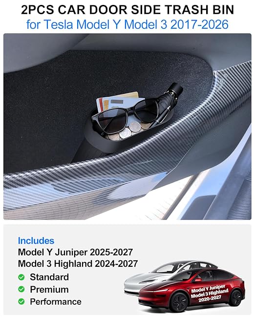 2PCS Door Trash Can for Tesla Model Y/3 2016-2026 Accessories Model Y Juniper Side Door Storage Box Organizer Model 3 Highland Built-in Car Garbage Bin Insert Storage Box