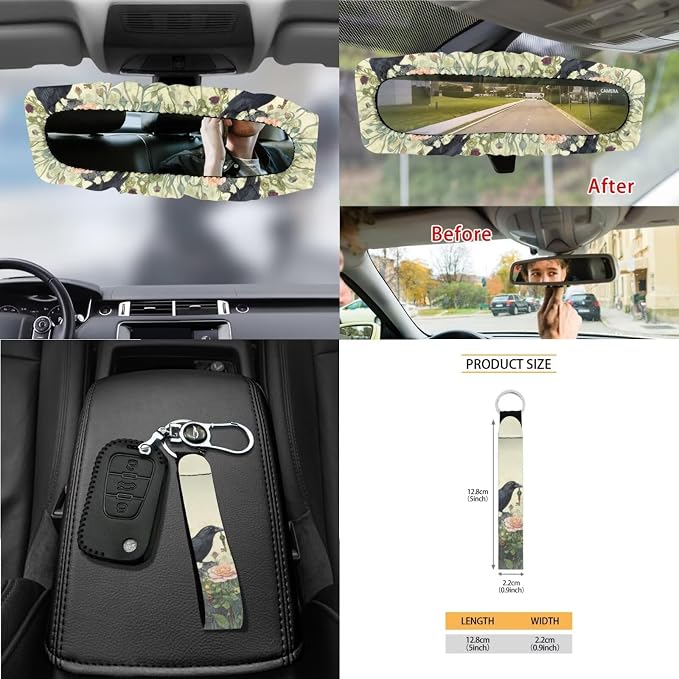 Crow Flower Print Full Set with Front Back Seats Steering Wheel Covers Rearview Mirror Cover Keychain Trash Can Auto Seat Belt Pads Air Vent Storage Bag Cup Holder Coaster for Women Men