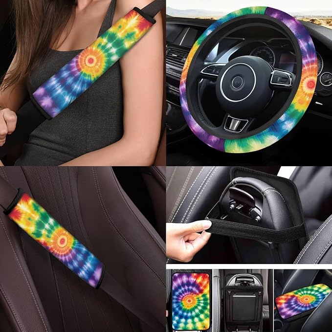 Tie Dye Car Cover Seats Full Set with Vehicle Front Rear Carpets Mats Seat Belt Cover Pad Steering Wheel Cover Lipstick Holder Keychain Rainbow Tie Dye Car Accessories Set 17Pcs for Women Man