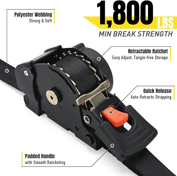 Stay There Retractable Ratchet Straps (2-Pack) - 1 Inch x 10 Feet (1800lb Break Strength) - Heavy Duty Auto Self Retracting Tie Down Straps for Truck, Cargo Trailer, Motorcycle & More - Black