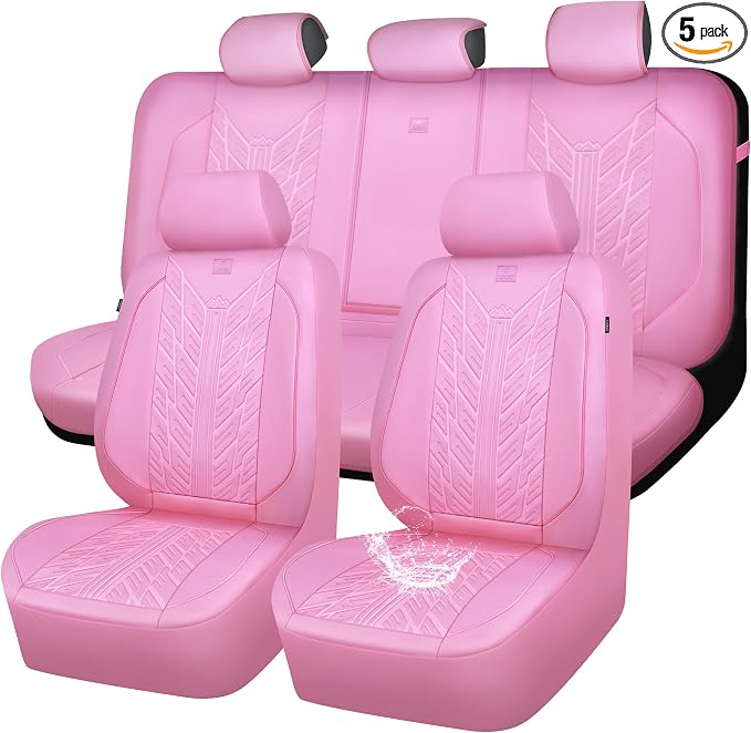 CAR PASS Waterproof Car Seat Covers Full Set,Neoprene Car Seat Covers 5 Seats,3D Tyre Embossed Pink Seat Covers All-Weather Non-Slip Durable Universal Fit Trucks,SUV,Airbag Compatible,All Pink