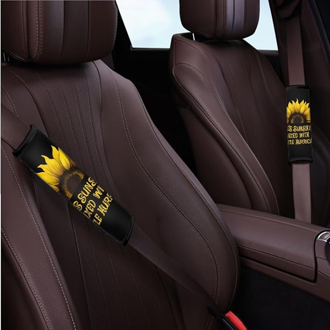 BIGCARJOB Sunshine Sunflower Car Seat Covers Full Set 12 Pcs Sunflower Print Car Accessories Interior Seat Protector for Womens Seat Belt Cover,Armrest Pads,Cup Holder Coaster