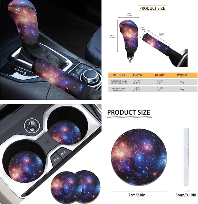 AFPANQZ Starry Galaxy Car Accessories Set 11pcs with Steering Wheel Cover, Front Seat + Bench Covers, Seat Belt Pads Gear Shift Knob Handbrake Cushion Car Cup Holder Coaster Mens Women Gift