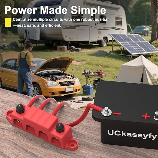 Bus Bar 250A 12V Power Distribution Block with 3/8" (M10) 4-Posts Terminals Block with Cover for Automotive, Marine, Battery System (Black & Red)