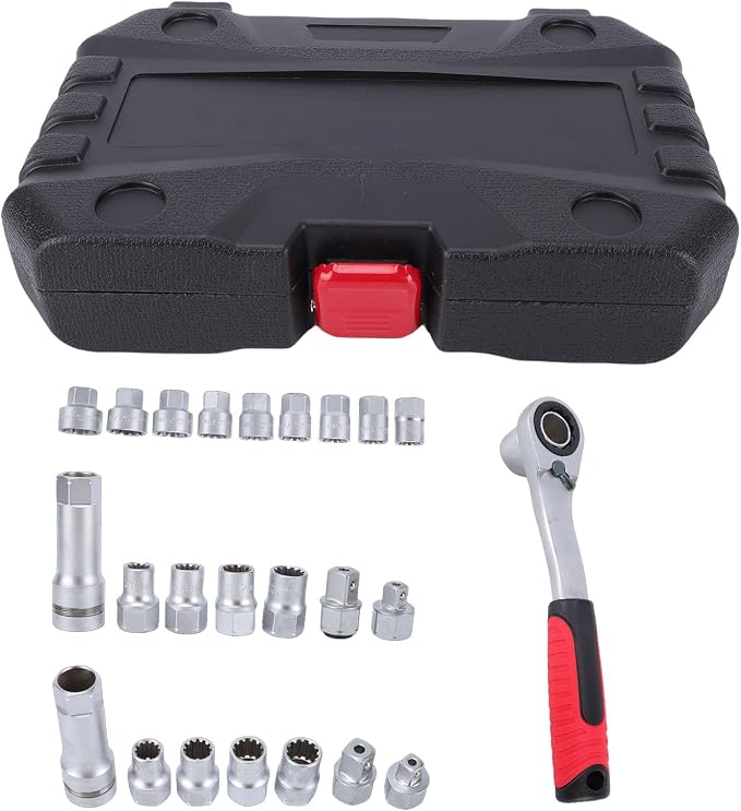 Luocute Pass Through Ratchet and Socket Set, 17 Piece 10 to 24mm 12 Point Metric Spline Socket Wrench with 72 Tooth Bidirectional Gear 1/2 3/8 Inch Drive Adapter for Hex Square