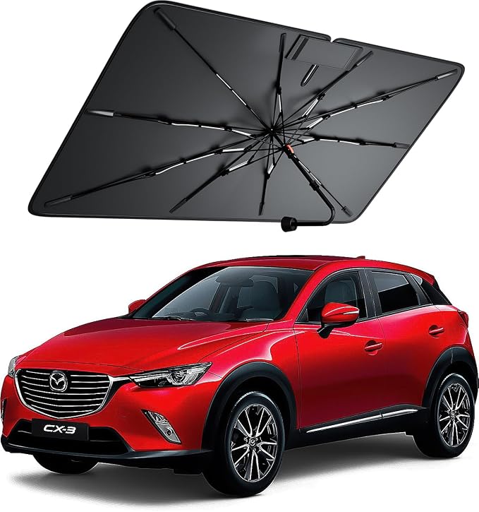 Windshield Sun Shade for Mazda CX-30 2020–2026, Foldable Umbrella Sunshade with 100% UV Block, Multi-Layer Heat Insulation, Reinforced 10-Rib Frame, Keeps Car Cooler, Summer Car Accessory