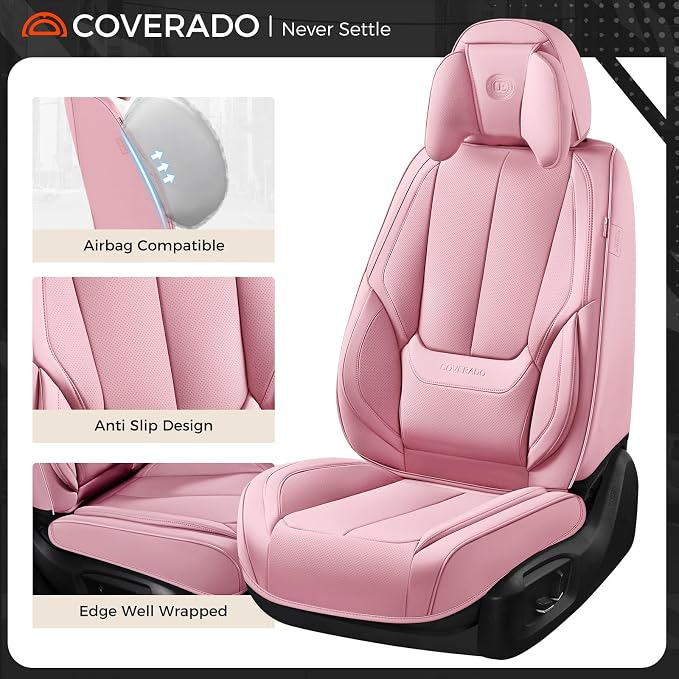 Coverado Seat Covers Full Set, 5 Seats Seat Covers for Cars, Waterproof Nappa Leather Car Seat Covers with Head Pillow, Seat Protectors Car Seat Cushion Universal Fit for Most Cars (Pink)