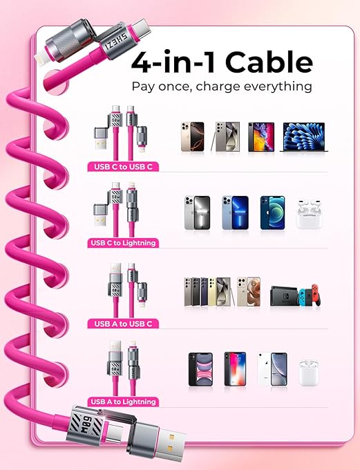 Coiled Pink Cable 4-in-1 USB C Cable 60W Compatible with Lightning Cable Fast Charging & Data Transfer, Support to CarPlay & Android Auto, 5FT Multi Cord Combo Charger for iPhone/iPad