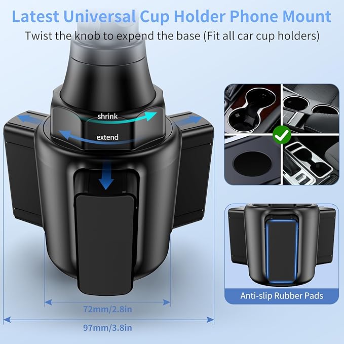 Cup Phone Holders for Your car, Universal Adjustable Base and Long Neck Car Phone Mount Cradle, Cell Phone Holder Car Accessories/Trucks/Golf Cart/Treadmill for iPhone Samsung Google All 4-7 inches
