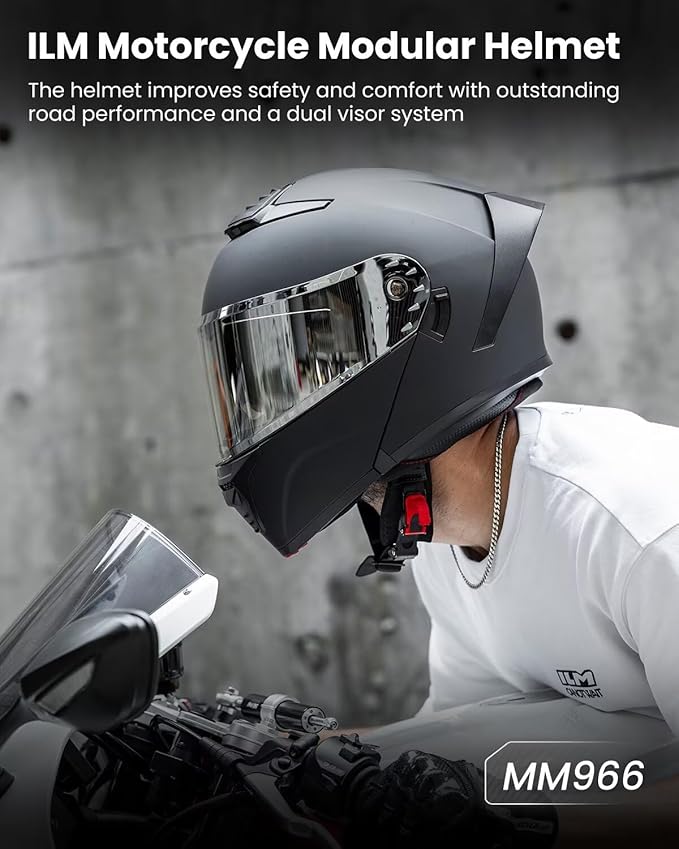 ILM Modular Motorcycle Helmet for Adults Full Face Flip up Riding with Dual Visor Street Bike Racing DOT Model MM966 (Matte Black Silver, L)