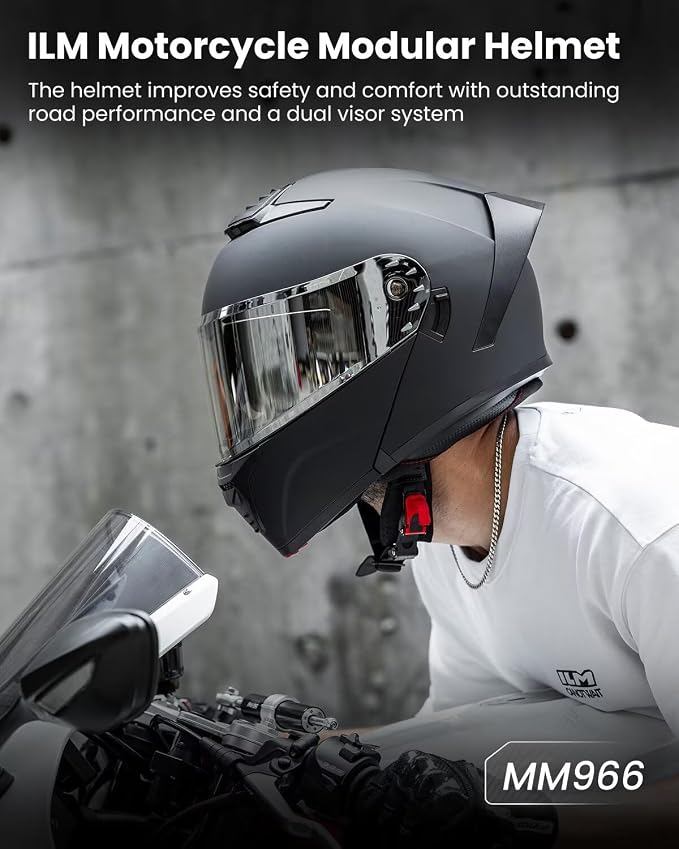 ILM Modular Motorcycle Helmet for Adults Full Face Flip up Riding with Dual Visor Street Bike Racing DOT Model MM966 (Matte Black Silver, S)