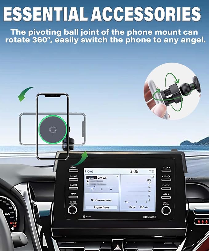 Car Phone Holder for 2021-2024 Toyota Camry Accessories Apply to 7 Inch Touch Screen 15W Fast Wireless Charger Screen Fixed Clip Cell Phone Mount with Dashboard Storage Tray