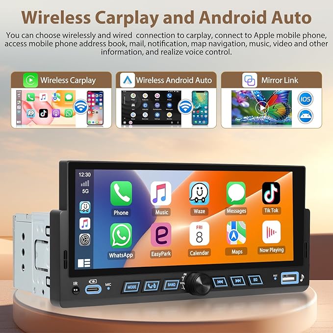 6.86" Android CarPlay Stereo, Single Din Car Radio with Android Auto, HD Touch Screen Bluetooth Handsfree FM Audio Receiver with Mirror Link, SWC,Backup Camera Support USB/TF/AUX/MIC