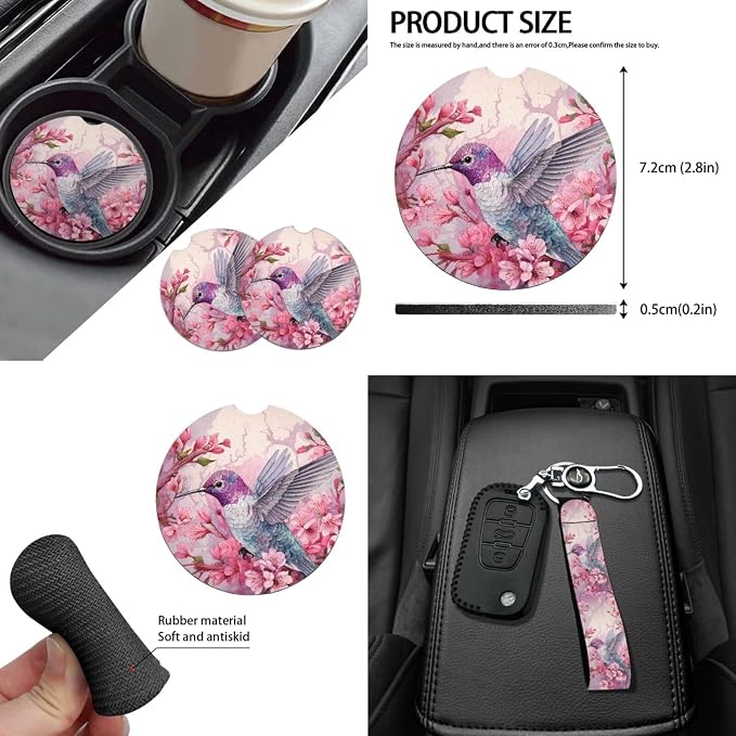 14 Pcs Pink Hummingbird Car Seat Cover Accessory Full Set,Neoprene Steering Wheel Cover/Mirror Cover/Gear Shift Knob&Handbreak Cushion/Coaster/Key+Auto Interior Accessory Protection