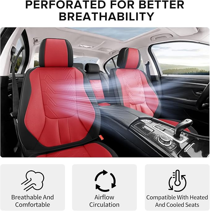 CAPITAUTO Car Seat Covers Full Set, Seat Covers for Car with Lumbar Support, Faux Leather Waterproof Seat Covers 5 Seats, Breathable Automotive Seat Covers Fit for Most Cars SUV Truck (Red & Black)