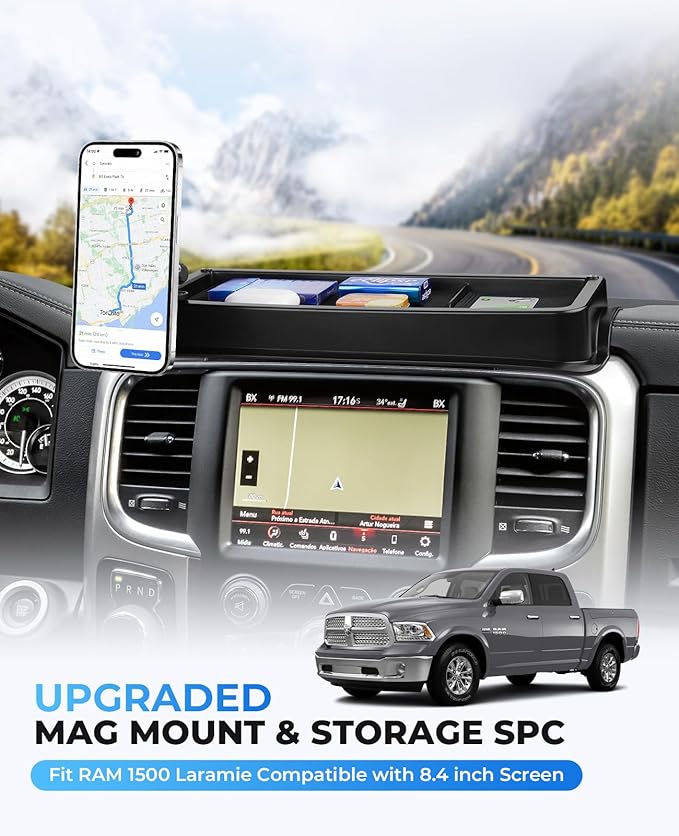 Autorder Magnetic Phone Mount for 2013-2018 Dodge RAM 1500/2500/3500 & 2019+ Classic Accessories - Dash Organizer & Cell Phone Holder for Ram Truck - Hands Free 360° Rotation - ABS Material