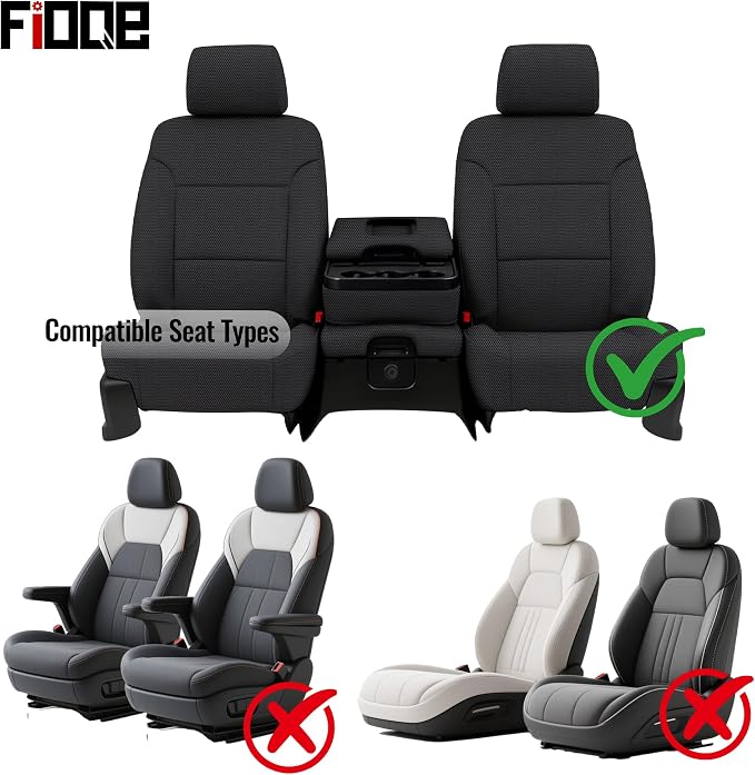 Thickened Composite Fabric Front Seat Covers for Chevy Silverado & GMC Sierra 1500 2015 2016 2017 2018 Durable Cloth Composite Foam with Headrest and Console Covers- Black