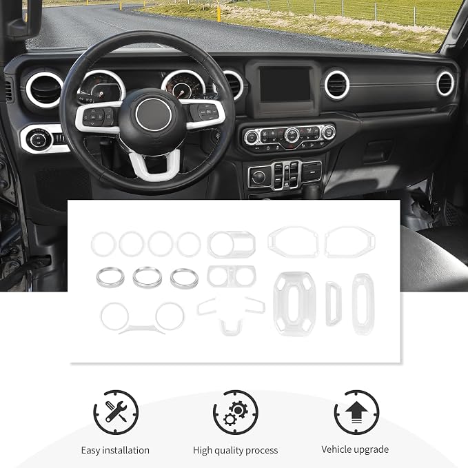 CheroCar White 20PCS Interior Trim Kit for Jeep Wrangler JL JLU & JT Gladiator 2018-2023,Dashboard,Steering Button Frame,AC Switch,Roof Speaker,Reading Light,Headlight Switch,Rear Air Vent Trim