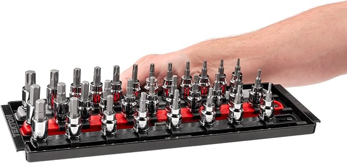 TEKTON 3/8 Inch Drive Hex and Torx Bit Socket Set with Rails and Tray, 31-Piece (1/8-3/8 in., 3-10 mm, T10 - T60) | SHB91203
