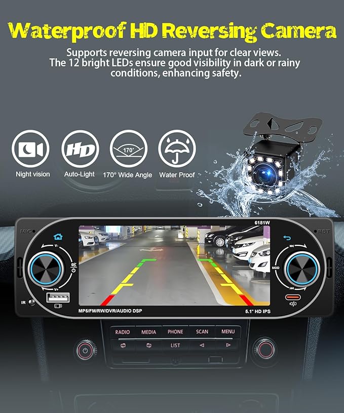 5.1" Single Din Car Stereo Wireless Apple CarPlay Android Auto, IPS Touchscreen Car Radio Bluetooth 5.2, FM/AM/RDS, USB Type-C Fast Charging, 4×45W Car Audio, Backup Camera, Fits Most Single DIN Cars
