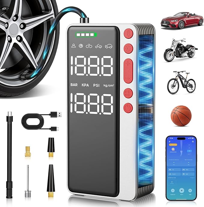 MATULSA Tire Inflator Portable Air Compressor, Silver Smart Air Pump for Car Tires, All-in-One Storage Bike Tire Pump with LED Light, 10000mAh&150PSI Pump for Motor, Bicycle and More, Auto Shut-Off