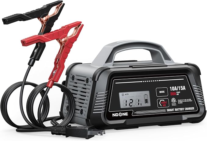 NOONE 10A/15A Smart Battery Charger and Maintainer - Fully Automatic 6V/12V Charger with 50A Engine Start, Auto Repair & Desulfation - Compatible with Lead-Acid, AGM, LiFePO4 Batteries
