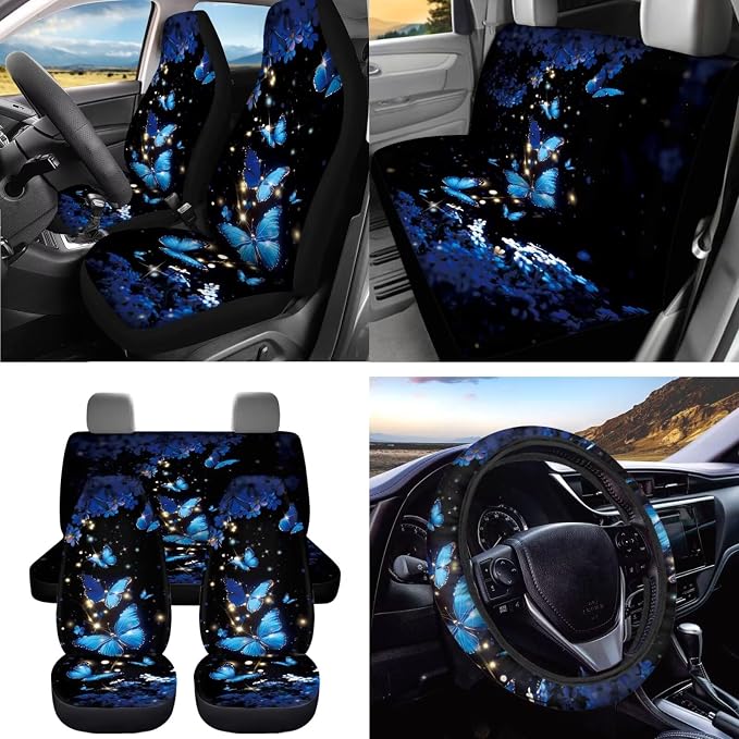 Dreaweet Blue Butterfly Car Seat Covers Full Set for Women Fashion Car Accessories Seat Cover with Steering Wheel Cover Seatbelt Pad Coasters Garbage Bag Air Vent Pouch Rear View Mirror Cover Keychain