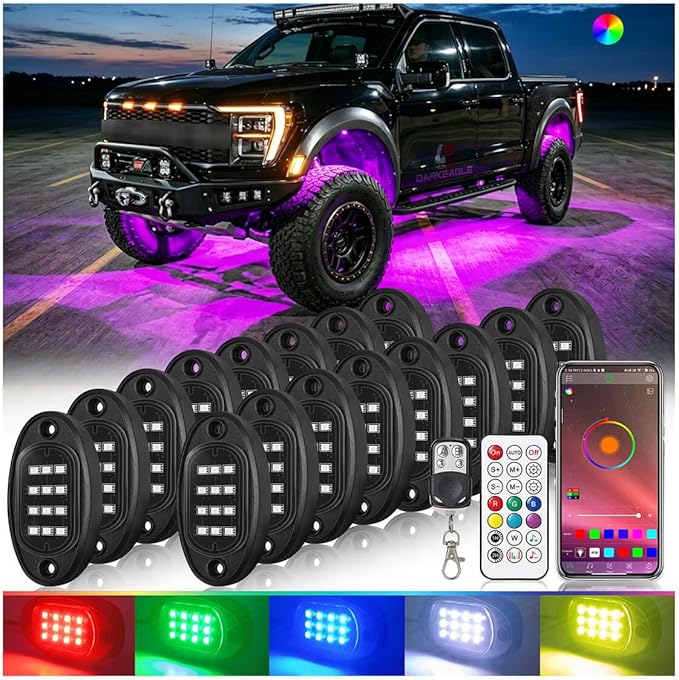16Pods RGB LED Rock Lights for Semi Trucks Pickup Jeep Golf Cart ATV UTV RZR RV Offroad with APP/RF Remote Control, Dynamic Color Changing Underglow Kits Music Mode 12V Waterproof Chasing Underbody
