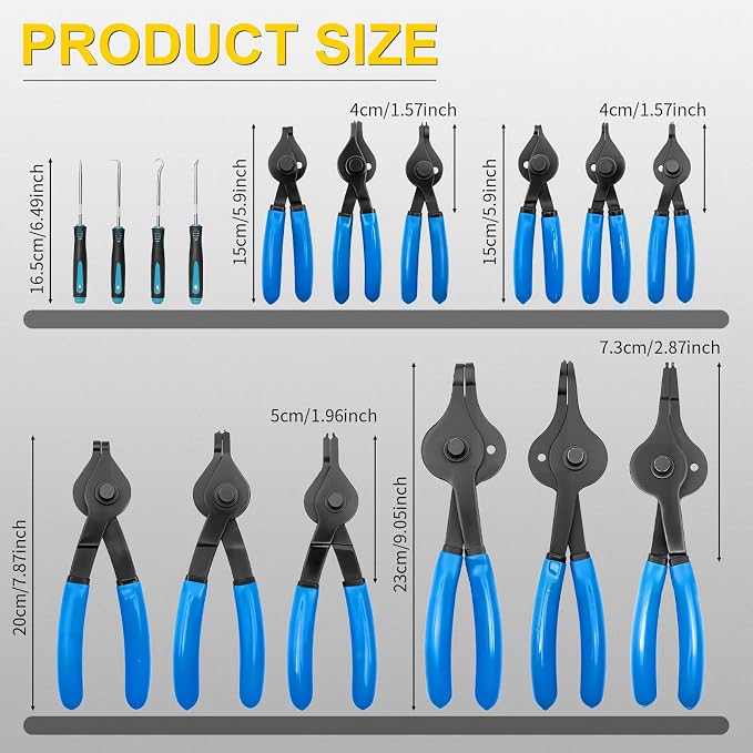12PCS Versatile Snap Ring Pliers Set with 4PCS Pick Tool, Internal/External Retaining Ring Pliers with 4 Tip Sizes (0.038/0.047/0.070/0.090in) for Circlip Removal, Automotive & Machinery