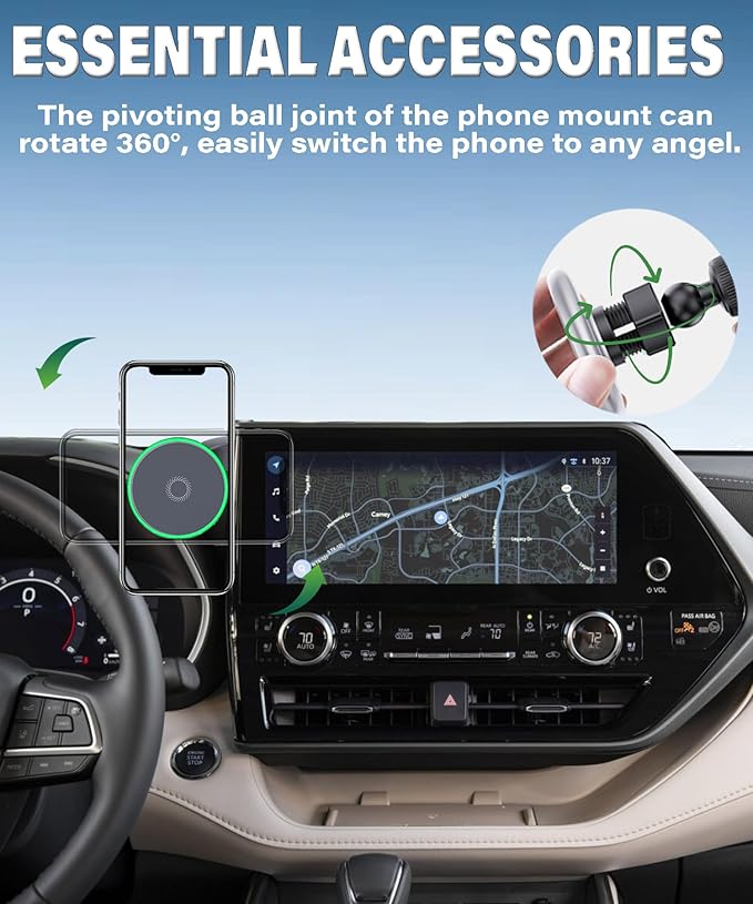 Car Phone Holder for 2020-2026 Toyota Highlander Accessories 15W Fast Wireless Charger Magnetic Cell Phone Mount Hands-Free 360 Degree Rotation, Dashboard Original-Size Replacement Model