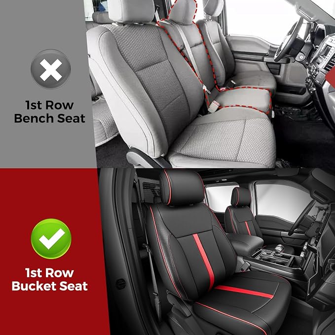 Faux Leather Front Seat Covers for Ford F150 2015–2025 2026 (XL, XLT, Not Regular Cab), Exact Fit 1st Row Bucket Seat Protectors,Truck Interior Accessories for F-150 Black/Red