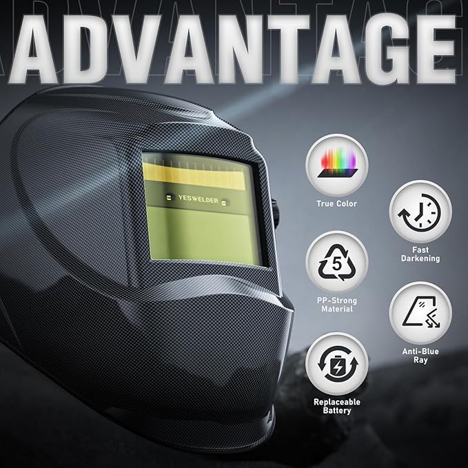 YESWELDER Auto Darkening Welding Helmet, Blue Light Blocking, 1/1/1/1 True Color Solar Powered Welding Hood with 2 Arc Sensors, Wide Shade 3.5/9-13 Welder Mask for TIG MIG ARC and Grind