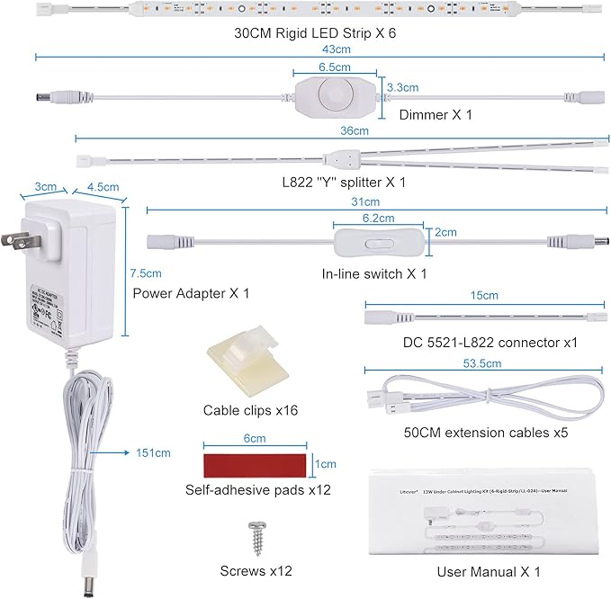 Under Cabinet LED Lighting Kit for Kitchen Cabinet Counters Shelf Closet. 6 PCS 12 Inches Light Strip with Adapter Switch Dimmer Extension Cable. Plug in. Dimmable. 1500 Lumen. Warm White 2700K