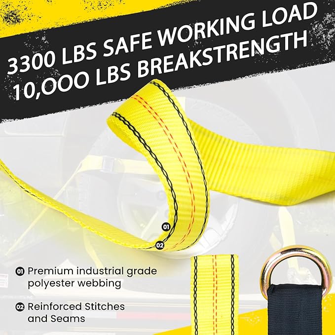 Tire Straps for A Car Trailer, Wheel Tie Down Strap 2" x 10' with Snap Hooks, Car Hauler Wheel Strap for 3300 Pound Safe Working Load