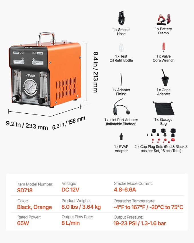 VEVOR Automotive Smoke Machine Leak Detector, DC 12V EVAP Vacuum Diagnostic Tester with Air Pump, Pressure Gauge, Flow Meter & Oil Level Gauge, Dual-Mode for Cars, Motorcycles, Trucks, Boats, ATVs