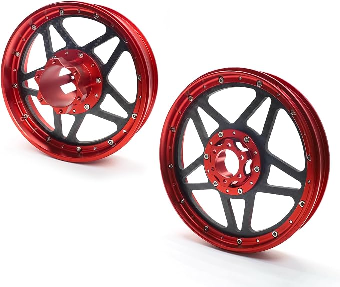 TREAL Losi Promoto MX Front and Rear Wheels(2P), CNC Machined Aluminum w Carbon Rims for Losi 1/4 FXR Motorcycle(Red)