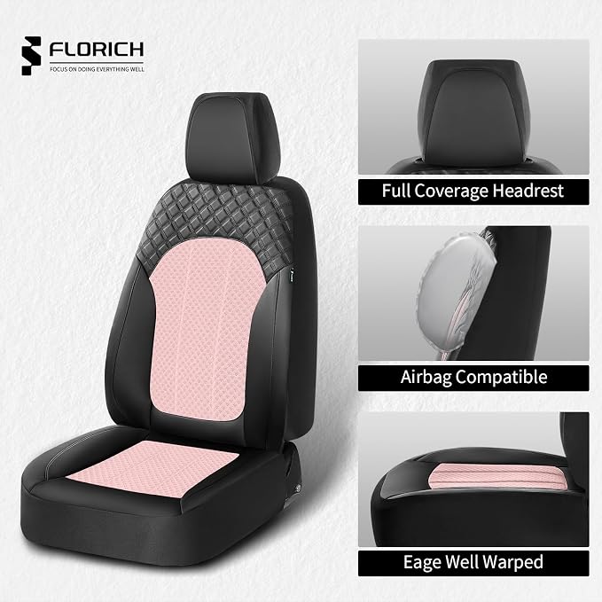 FLORICH Pink Car Seat Covers Full Set Leather Mesh Front and Rear Seat Cover Automotive Seat Cushion 5-Seat Driver Seat Covers Protector Universal Fit for Most Car SUV Sedan Truck, Black&Pink