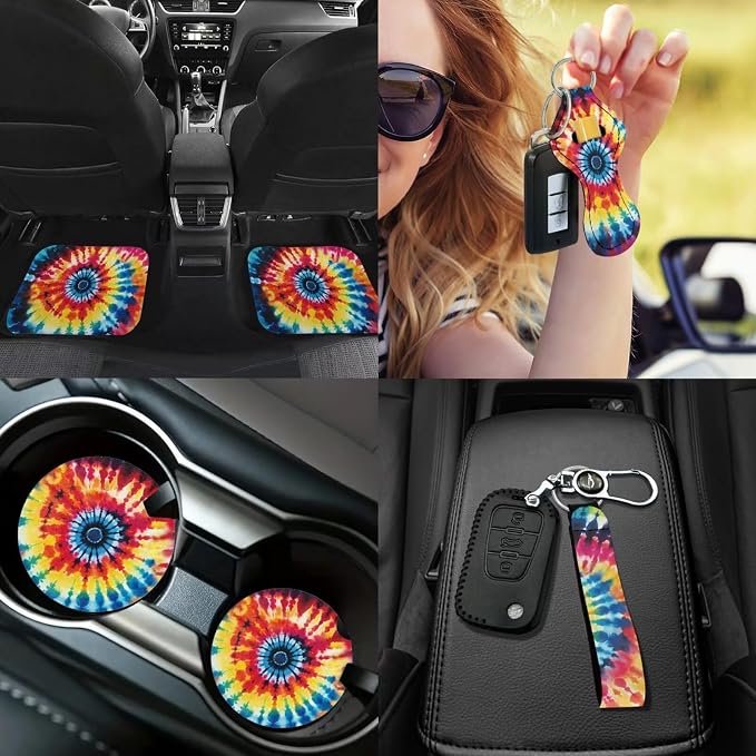 17Pcs Tie Dye Car Seat Covers Full Set with Front and Split Rear Bench,Steering Wheel Cover,Heavy Duty Floor Mats Colorful Tie Dye Car Accessories for Women Universal Fitf or Most Car SUV