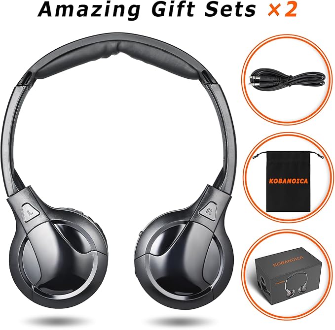 KOBANOICA Infrared Headphones for Car DVD, Universal 2 Channel Wireless On-Ear Car Headphones (2 Pack)
