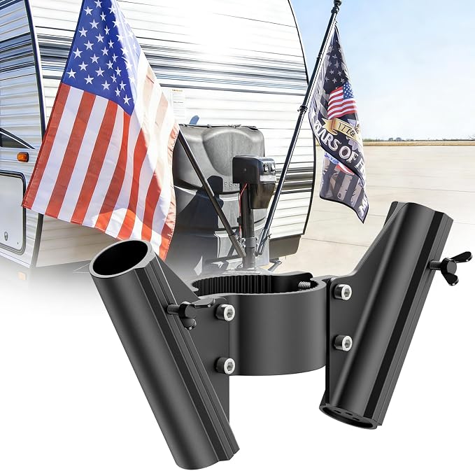 Safoner RV Dual Flag Pole Mount for Trailer Tongue Jack, Aluminum Flag Holder with Wing Screw Locking, For Flagpoles Up to 1'', Fits 2" & 2¼" Jack Tube, RV Essential Accessories