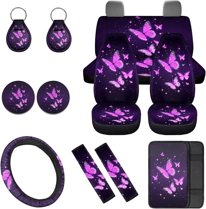 Purple Butterfly 12 Pack Car Seat Covers Full Set with Car Steering Wheel Cover Arm Rest Cover Auto Seat Belt Cover Cup Coasters and Keychain Holder Universal Fit Most Cars SUV