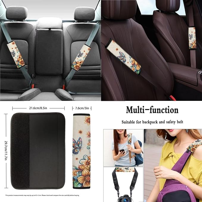 Xoenoiee Butterfly Bohemian Mandala Print 11 Pcs Car Accessories Seat Cover Full Set, Steering Wheel Cover, Front & Rear Seat Cover, Seat Belt Pads, Cup Coaster, Key Chains - Universal Fit
