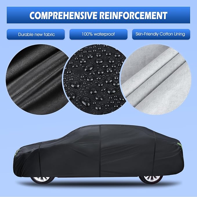 6 Layers Car Cover Waterproof All Weather for Automobiles, Size A2 with Door Zipper & Cotton Universal Fit for Toyota Corolla, Honda Civic, Kia Forte,Hyundai Elantra (178-186 inch)