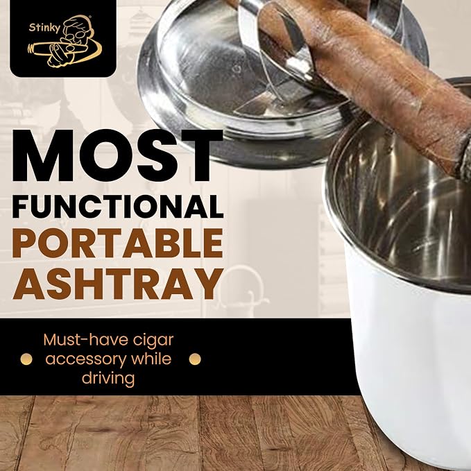 Stinky Cigar Car Ashtray, Stainless Steel | Premium Stainless Steel Ashtray Cup with Spring Clip Mechanism for All Cigar Sizes - Perfect On The Go Accessory for Cigar Enthusiasts and Automobiles