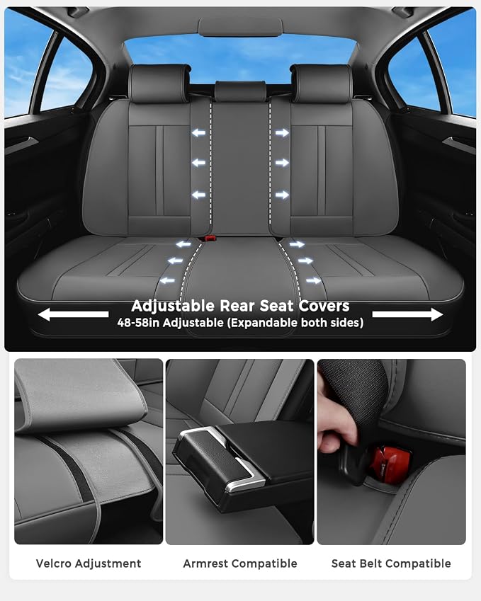 Huidasource Gray Seat Covers Luxury Nappa Leather, Car Seat Cover with Velcro Adjustable, Airbag, Lumbar Support, Cooling and Heating, Seat Covers for Universal Fit for Most Cars SUV Trucks, Gray