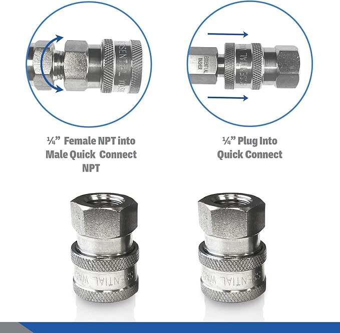 Essential Washer Stainless Steel ¼” Quick Connect Female NPT | Pressure Washer Quick Connect Fittings | 5000 PSI | Set Of 2